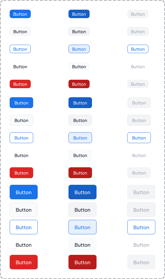Button component family showing every combination of size, style and state as separate variants