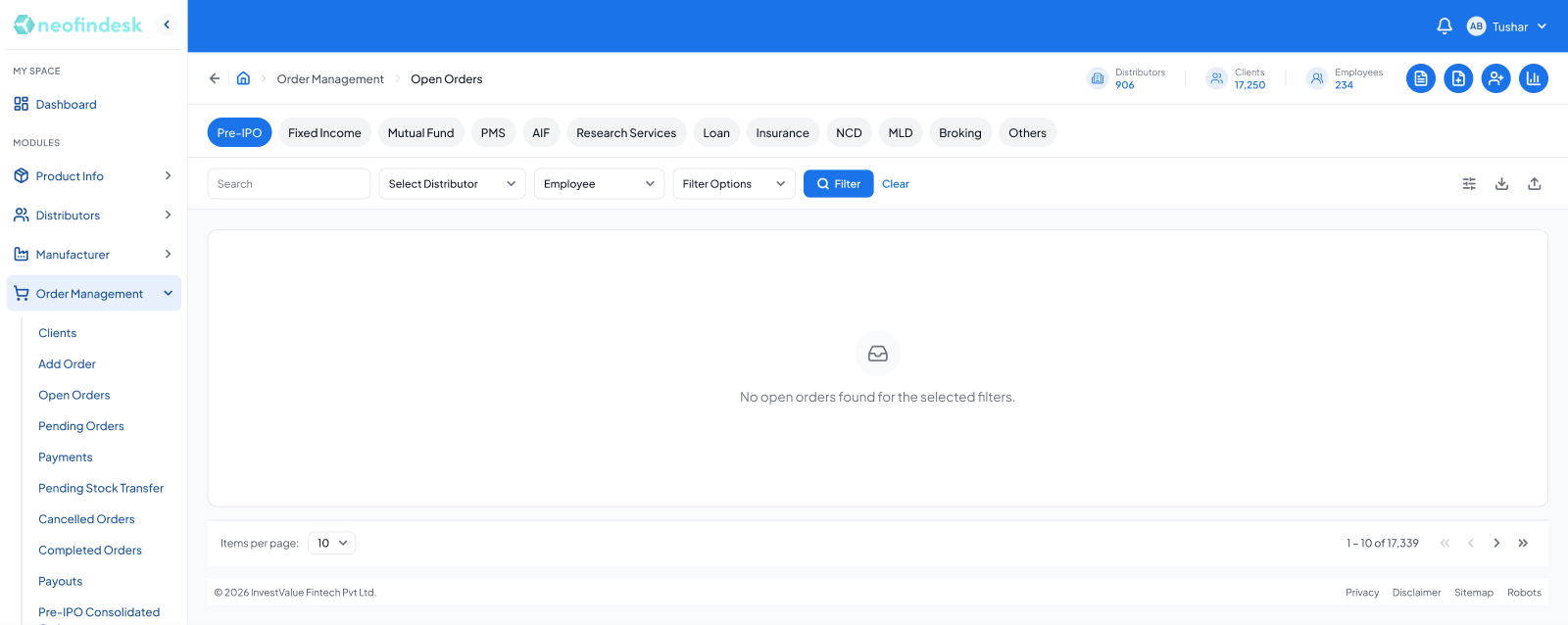 Open Orders empty state with the filter bar still visible and a message reading no open orders found for the selected filters