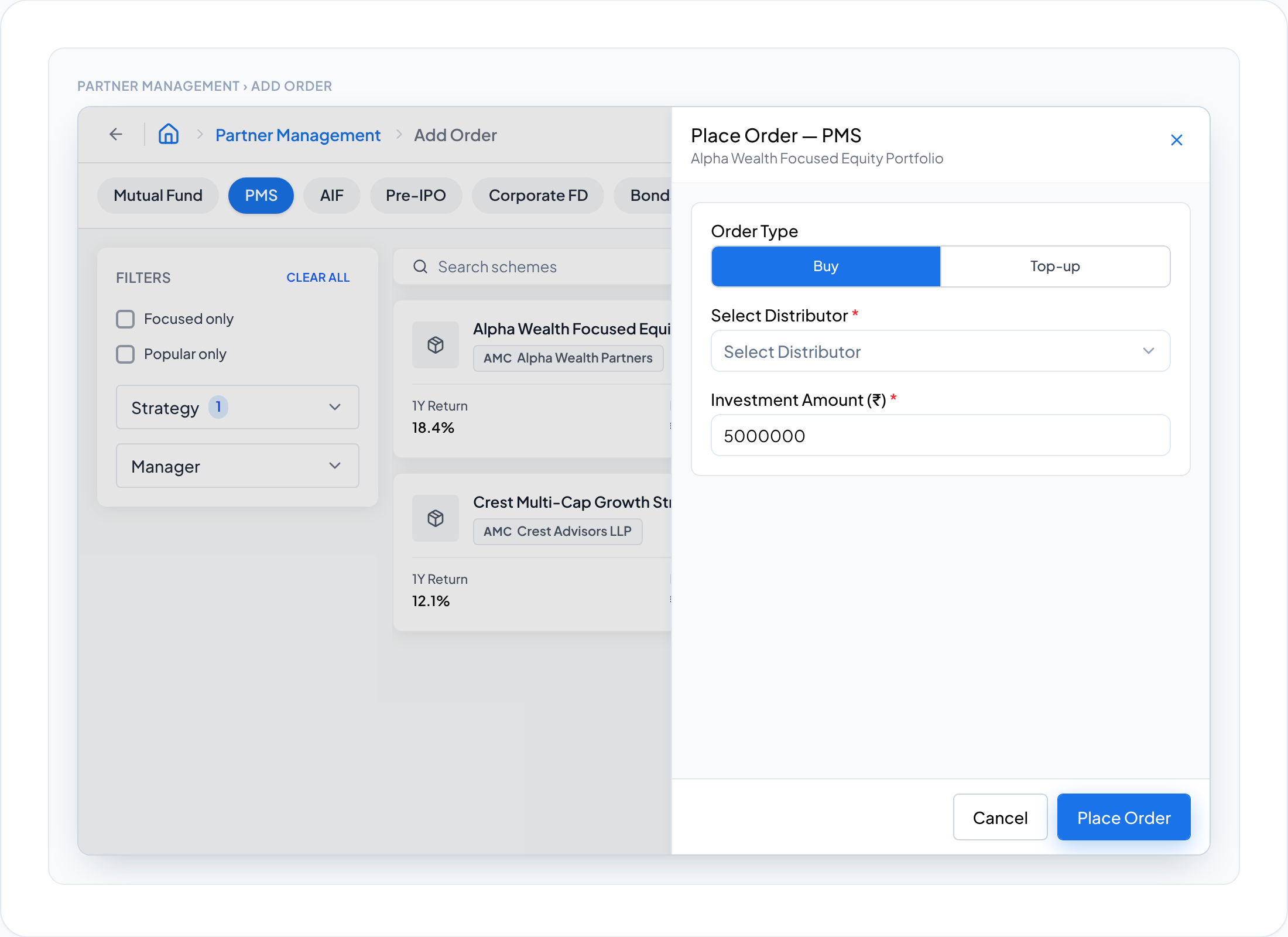 Add order page template: product-type pills, scheme cards, and a Place Order side panel with order type, distributor and amount