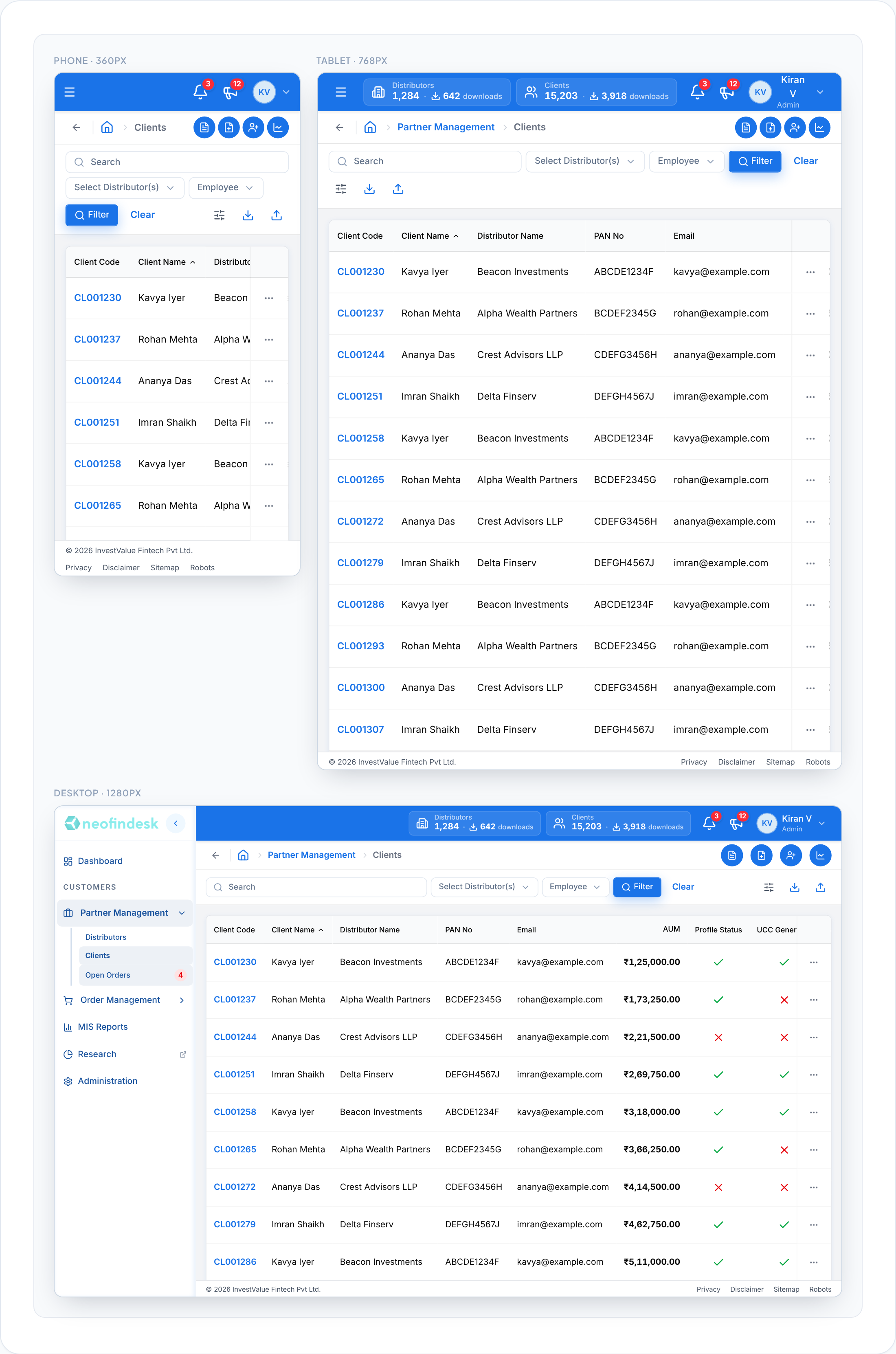 The Clients list page at phone (360px), tablet (768px) and desktop (1280px) widths, with filters and table adapting to each