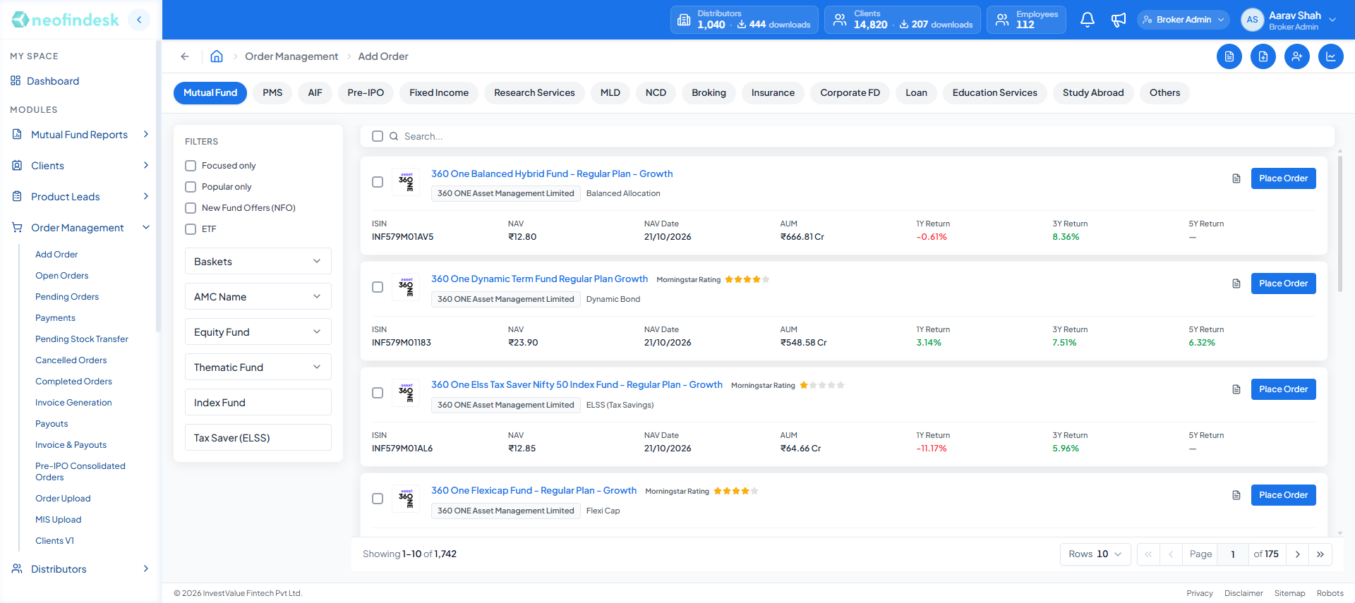 Add Order catalogue with fifteen asset class tabs, a filter panel on the left, and a paginated list of 1,742 mutual fund schemes each with a Place Order button