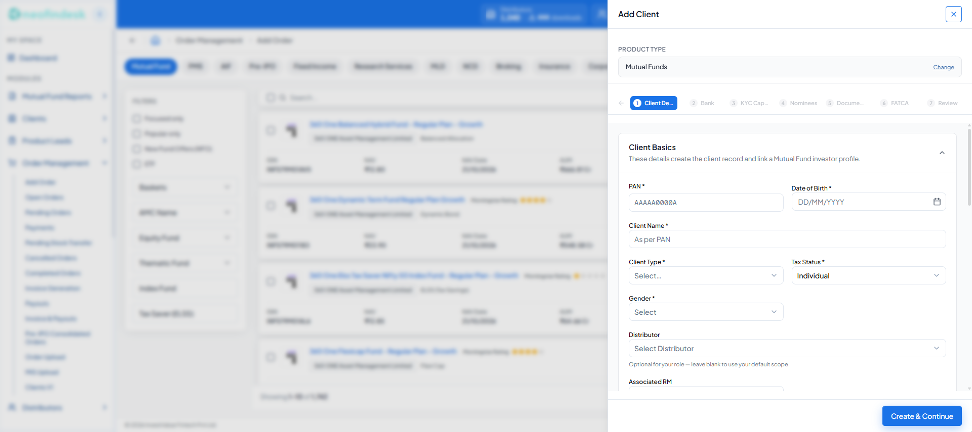 Add Client drawer open over the Add Order catalogue, showing the seven-step mutual fund onboarding stepper and the Client Basics section