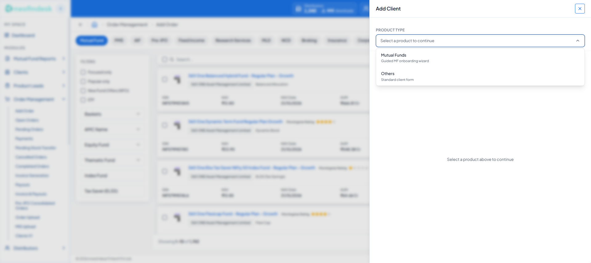 Add Client drawer asking for a product type first, offering Mutual Funds with a guided onboarding wizard or Others with a standard client form